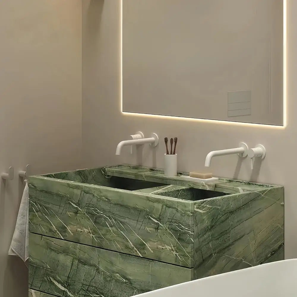 Any Size Custom Mid Century Jade Marble Vanity Vintage Green Stone Floor Standing Bathroom Cabinet Hotel Bathroom Stain Resistan