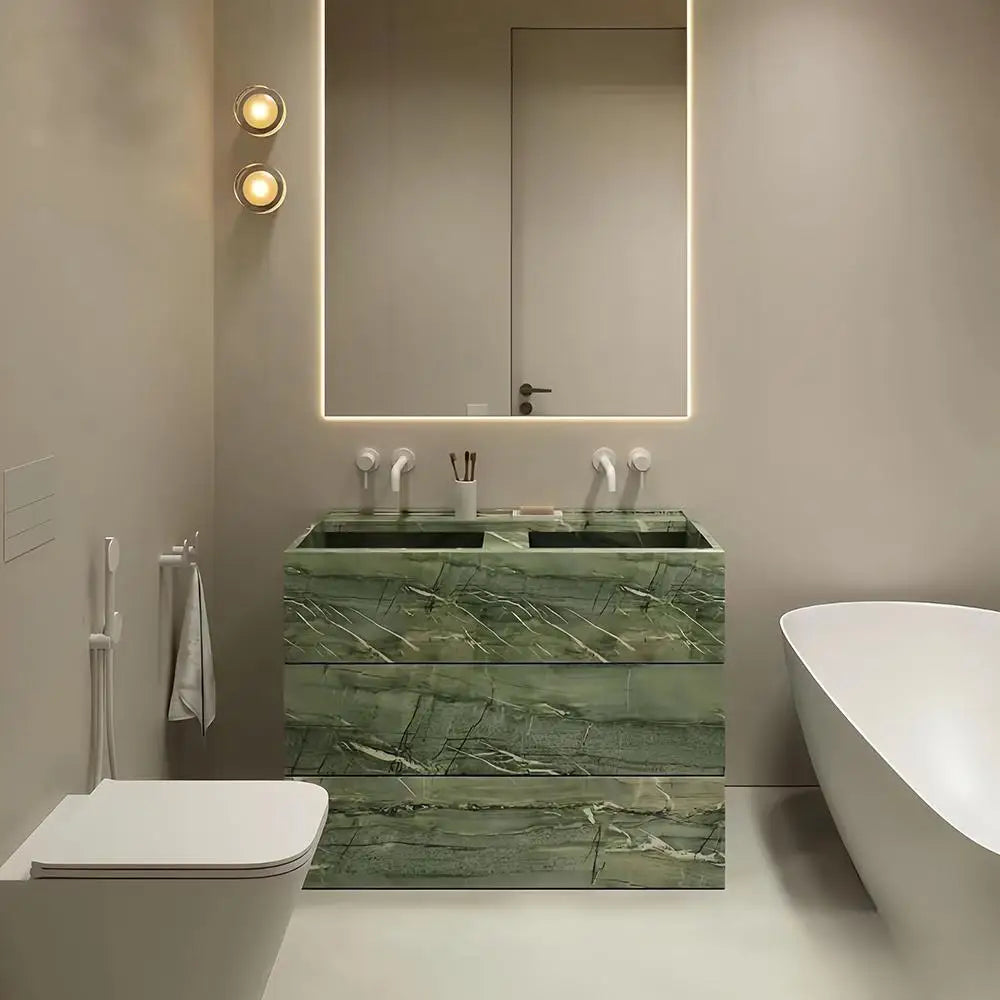 Any Size Custom Mid Century Jade Marble Vanity Vintage Green Stone Floor Standing Bathroom Cabinet Hotel Bathroom Stain Resistan