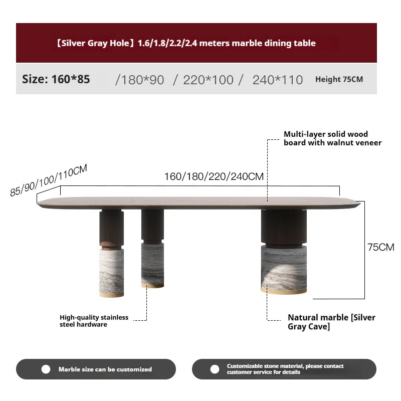 Natural Marble Dining Table with Walnut Base, Minimalist Luxury Villa Long Table, Eco-Friendly & Moisture-Proof, Customizable