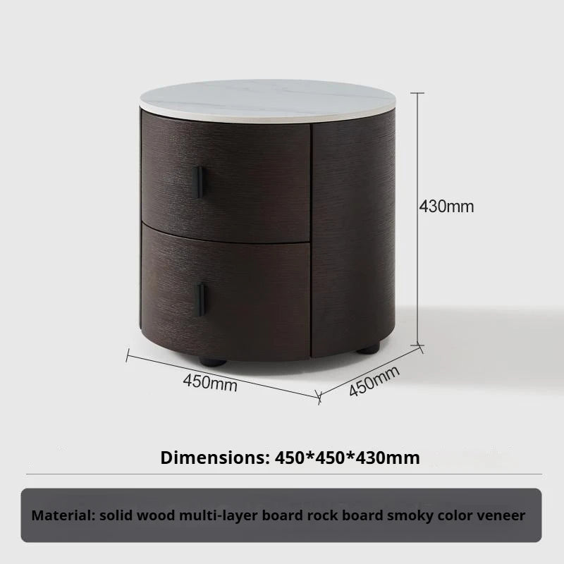 Italian Minimalist Nightstand, Walnut Round Bedside Table with Stone Top, Multi-Layer Wood &Eco-Friendly, Easy Clean, New Design