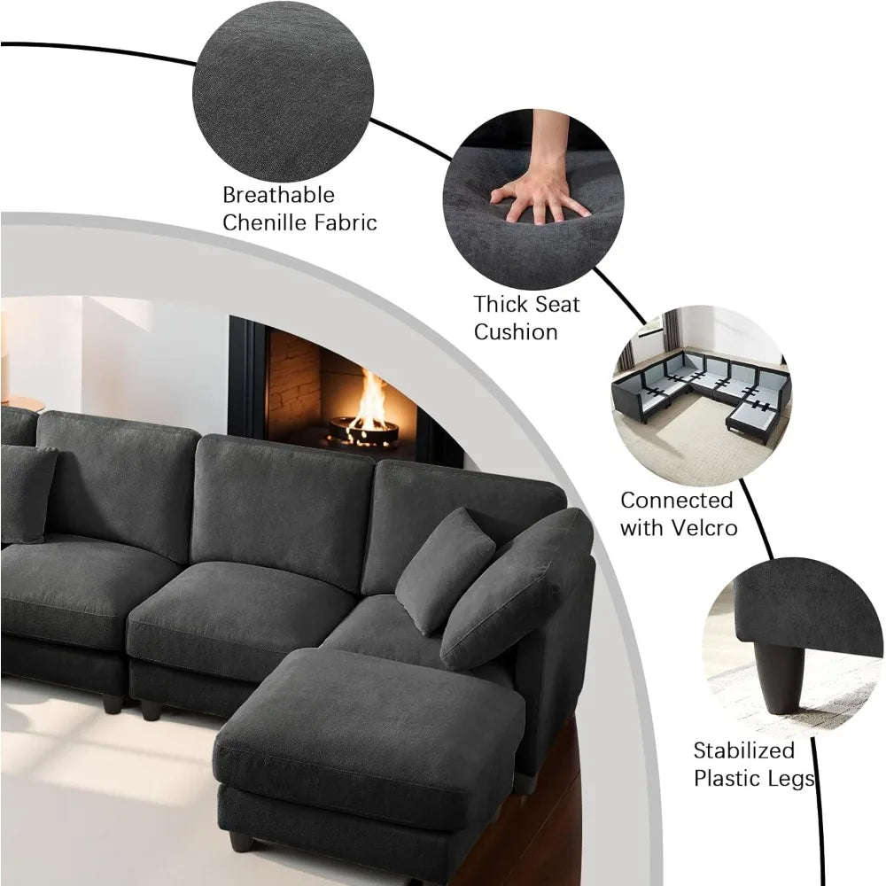 121'' 7-Seater Chenille Cloud Couch with Movable Ottoman L/U-Shape Modern Upholstered Sectional Sofa for Living Room Customized