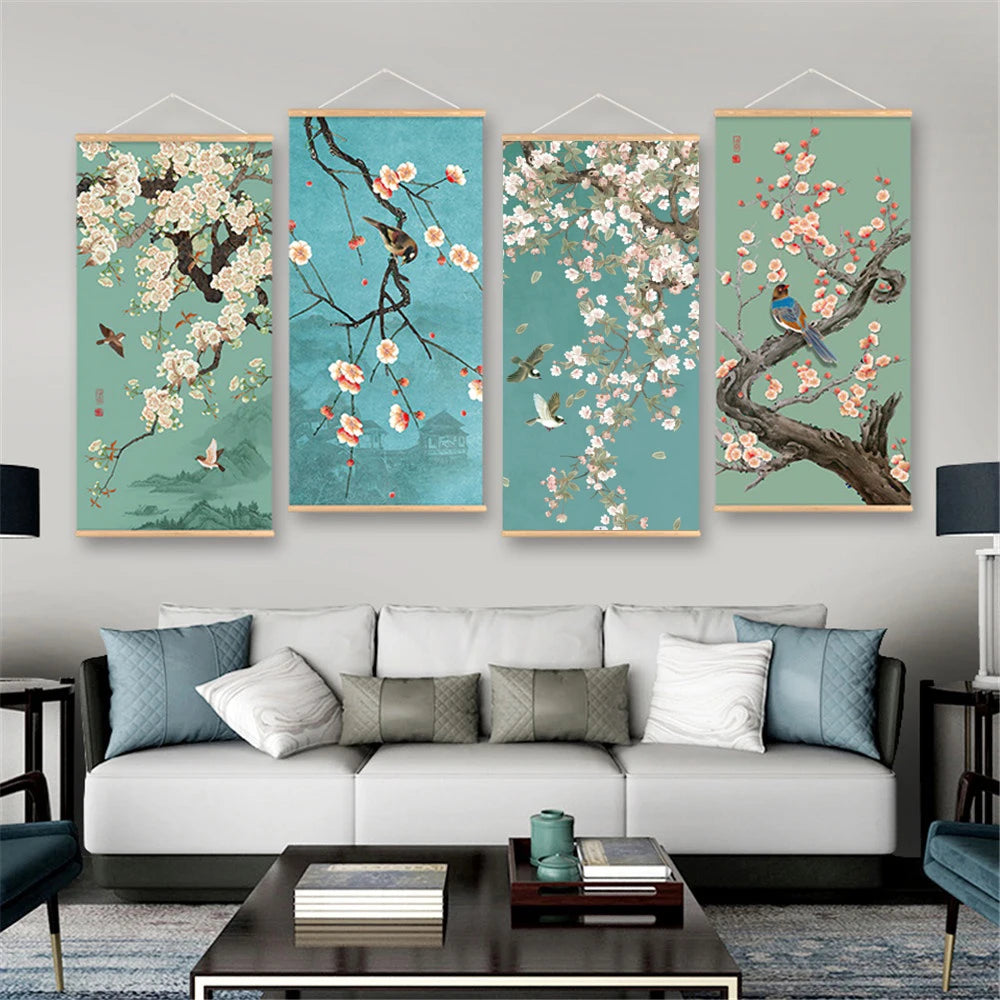 Chinese Art Landscape Ink On Canvas Anime Poster Vintage Plum Blossom Bird Hanging Canvas Painting With Wooden Frame