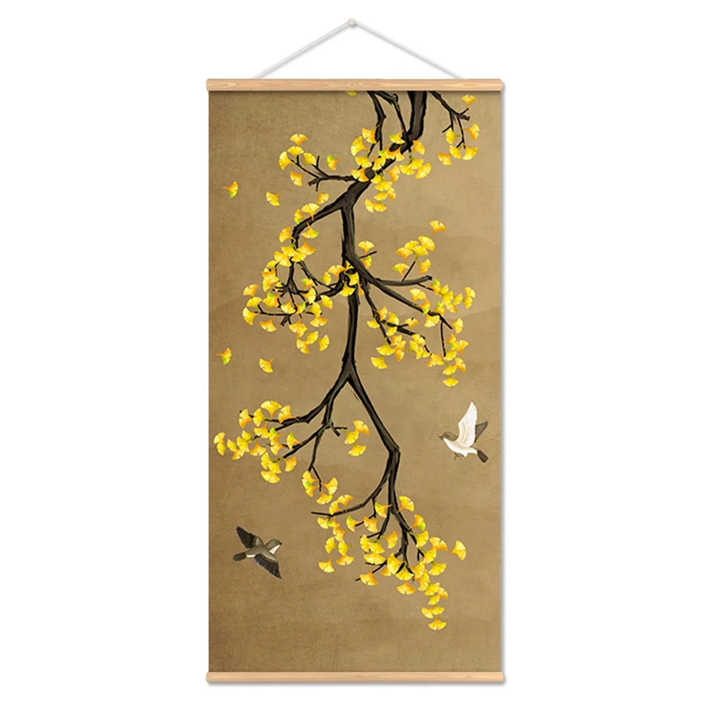 Chinese Art Landscape Ink On Canvas Anime Poster Vintage Plum Blossom Bird Hanging Canvas Painting With Wooden Frame