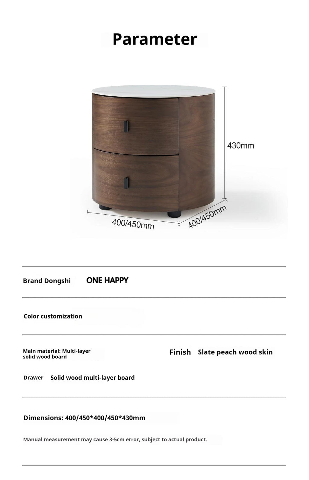 Italian Minimalist Nightstand, Walnut Round Bedside Table with Stone Top, Multi-Layer Wood &Eco-Friendly, Easy Clean, New Design