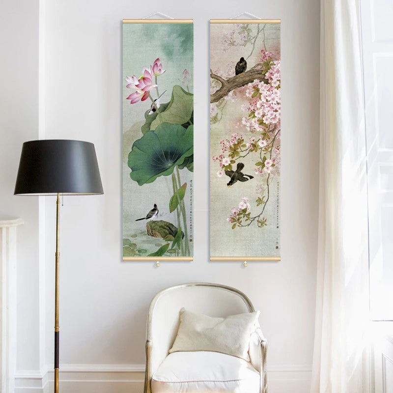 Chinese Style Ink Art Poster Bird Flowers Wall Art Canvas Painting Home Decor Pictures Living Room Poster with Hanging Frame