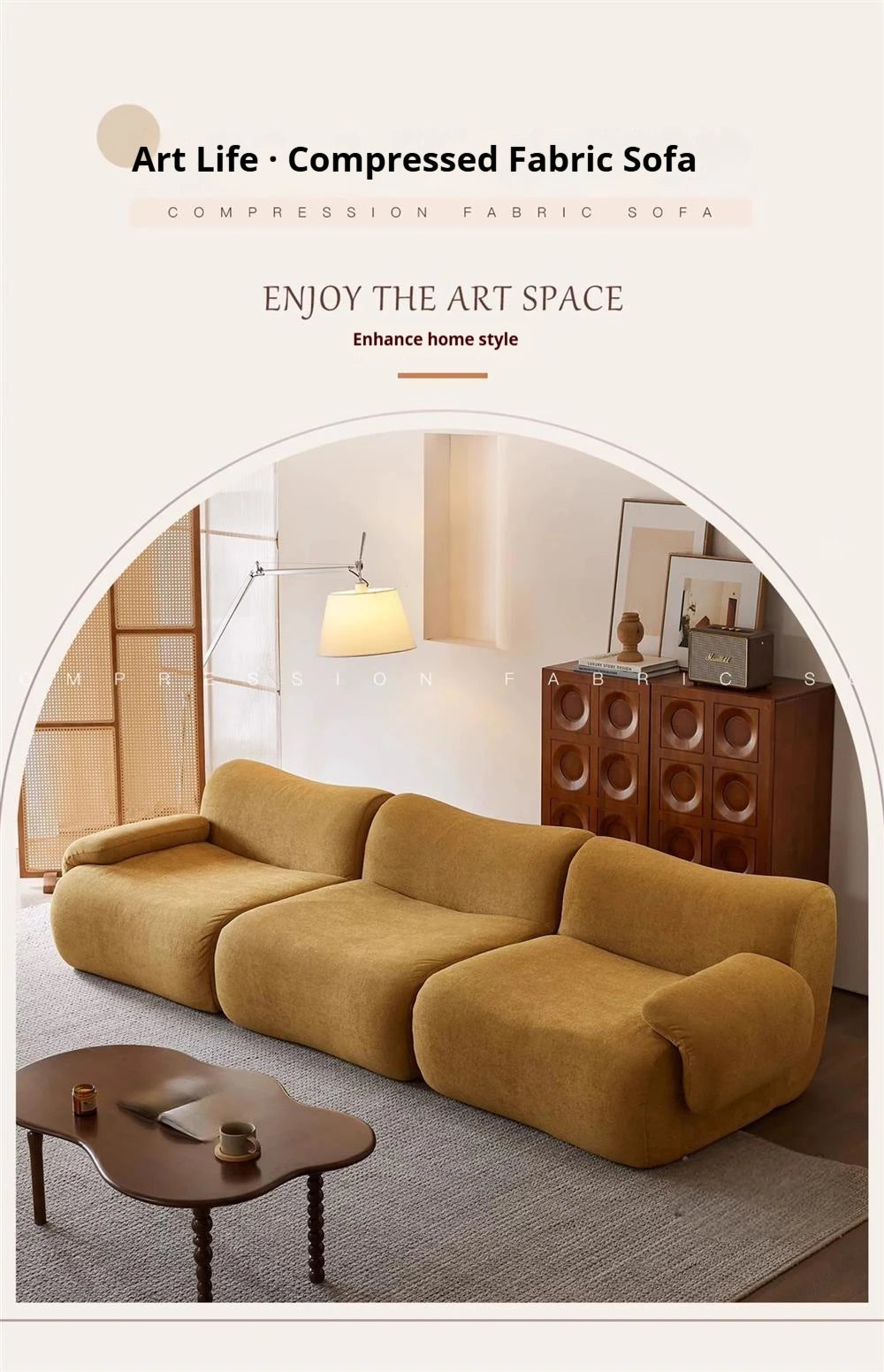 Vacuum-Compressed Modular Sofa, Wabi-Sabi Sherpa Fabric Sectional with High-Elastic Foam, Cream Mid-Century Style, Space Saving