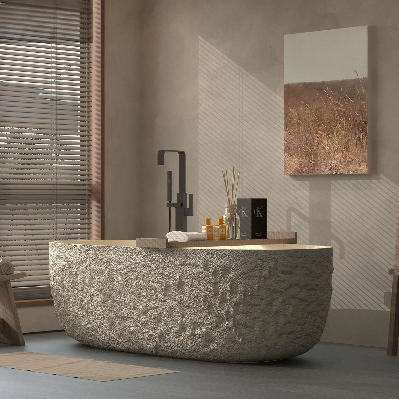 Wabi-Sabi Stone Texture Bathtub, One-Piece Artificial Stone Tub for Home , Heat Retention&Easy Clean, Body Contour, Customizable