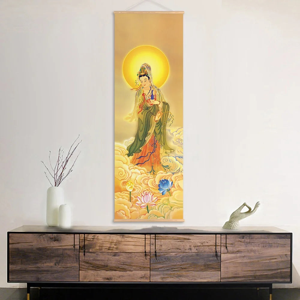 Connect the Buddha, the Three Saints of The west, Amitabha, Avalokitesvara, Bodhisattva, Canvas Prints, Scroll Hanging Painting