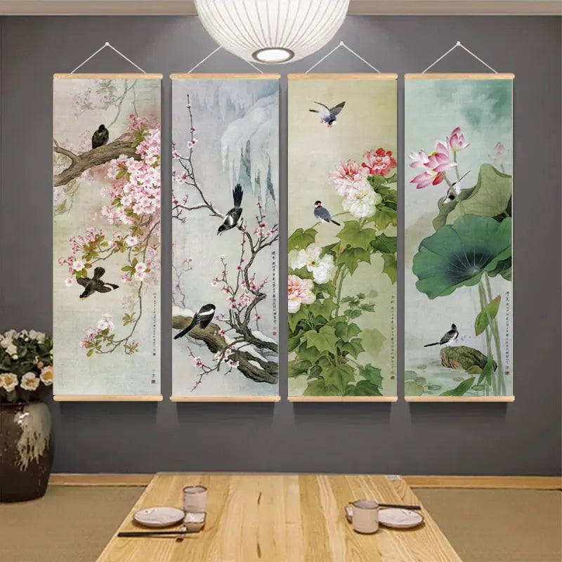 Chinese Style Ink Art Poster Bird Flowers Wall Art Canvas Painting Home Decor Pictures Living Room Poster with Hanging Frame