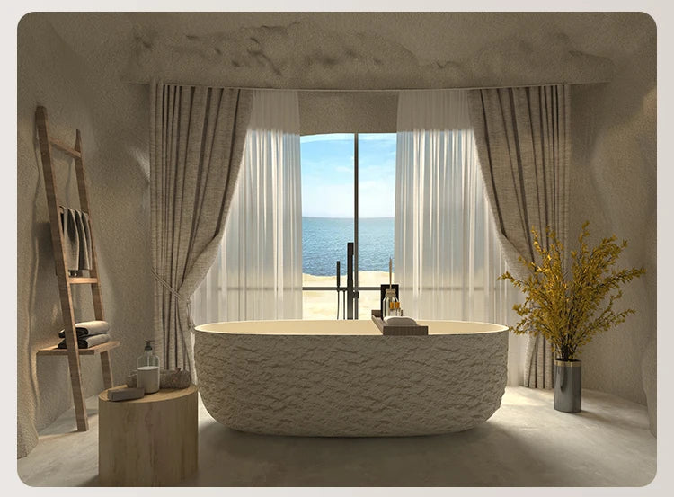 Wabi-Sabi Stone Texture Bathtub, One-Piece Artificial Stone Tub for Home , Heat Retention&Easy Clean, Body Contour, Customizable