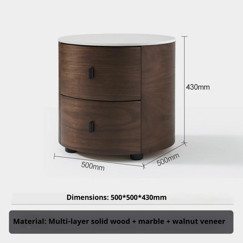 Italian Minimalist Nightstand, Walnut Round Bedside Table with Stone Top, Multi-Layer Wood &Eco-Friendly, Easy Clean, New Design