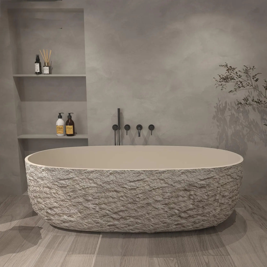 Wabi-Sabi Stone Texture Bathtub, One-Piece Artificial Stone Tub for Home , Heat Retention&Easy Clean, Body Contour, Customizable