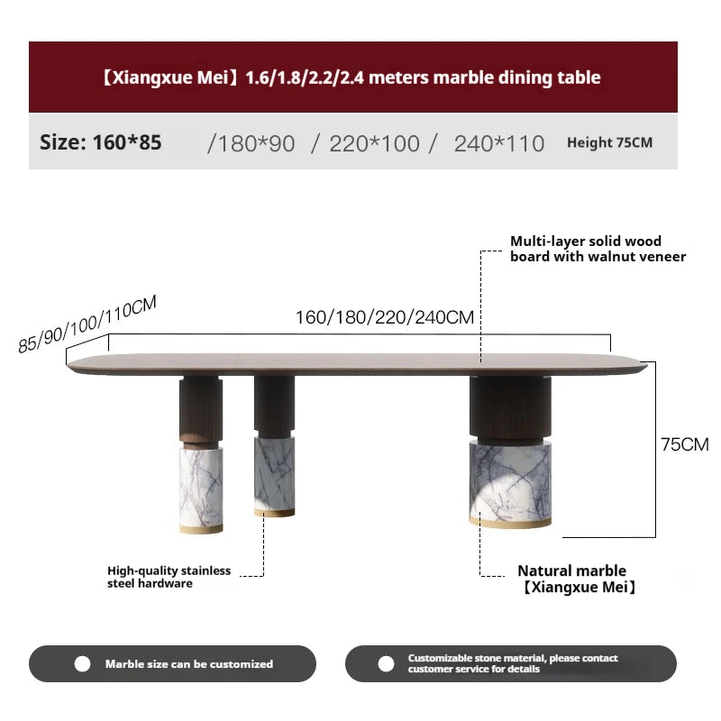 Natural Marble Dining Table with Walnut Base, Minimalist Luxury Villa Long Table, Eco-Friendly & Moisture-Proof, Customizable
