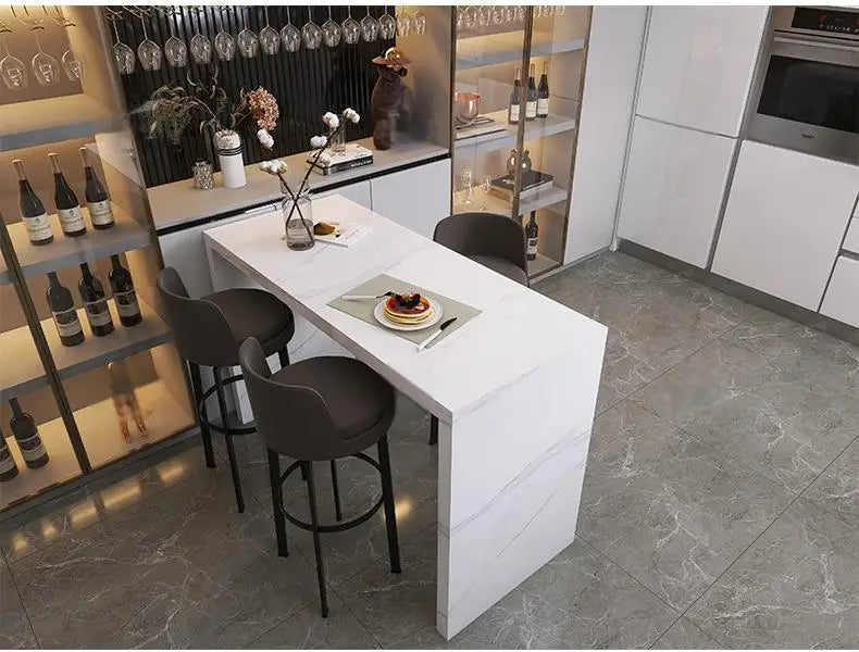 Quartz Stone Breakfast Bar, Kitchen Island with Dining Table & Cabinet, Stain Resistant & High Hardness, Custom Modern Design