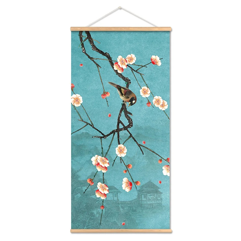 Chinese Art Landscape Ink On Canvas Anime Poster Vintage Plum Blossom Bird Hanging Canvas Painting With Wooden Frame