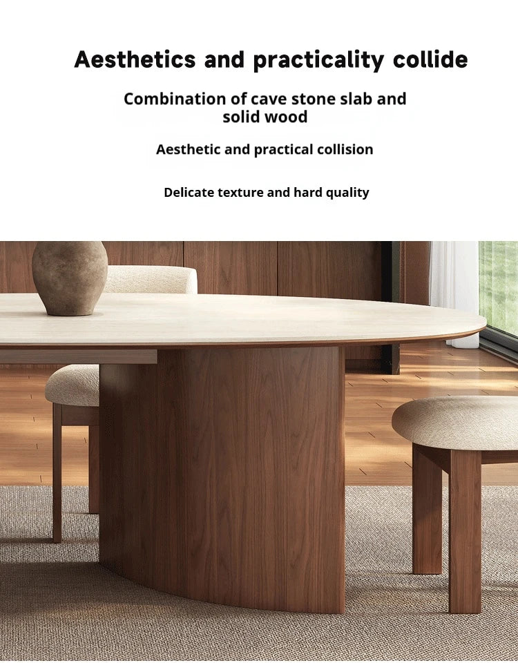 Any Size Custom Beige Travertine Teardrop Dining Table Wabi Sabi Mid Century Walnut Base Scratch Stain Resistant Luxury Dining T