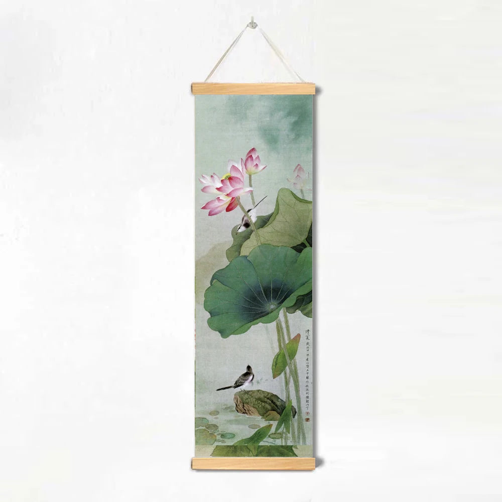 Chinese Style Ink Art Poster Bird Flowers Wall Art Canvas Painting Home Decor Pictures Living Room Poster with Hanging Frame