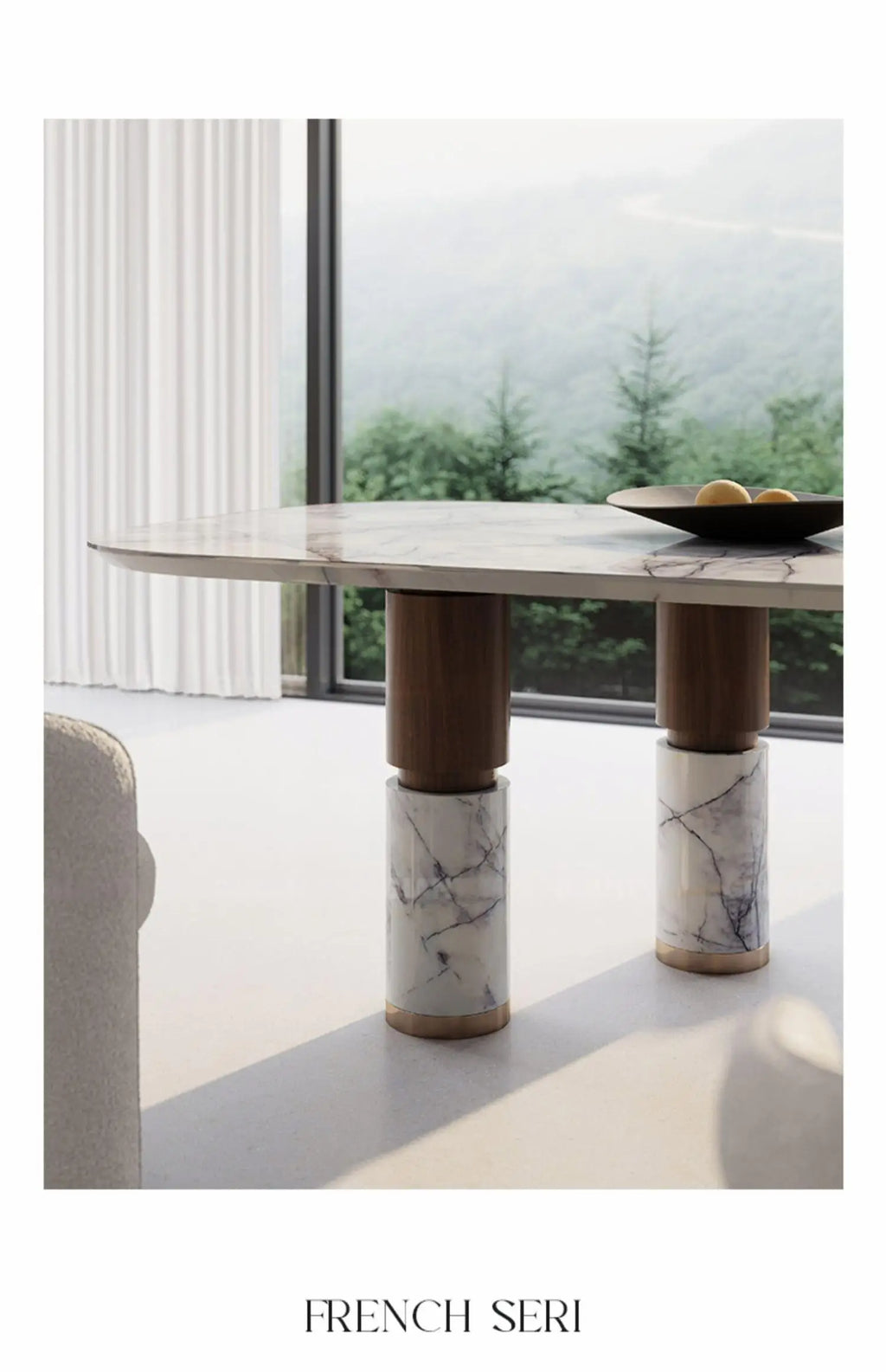 Natural Marble Dining Table with Walnut Base, Minimalist Luxury Villa Long Table, Eco-Friendly & Moisture-Proof, Customizable