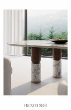 Natural Marble Dining Table with Walnut Base, Minimalist Luxury Villa Long Table, Eco-Friendly & Moisture-Proof, Customizable