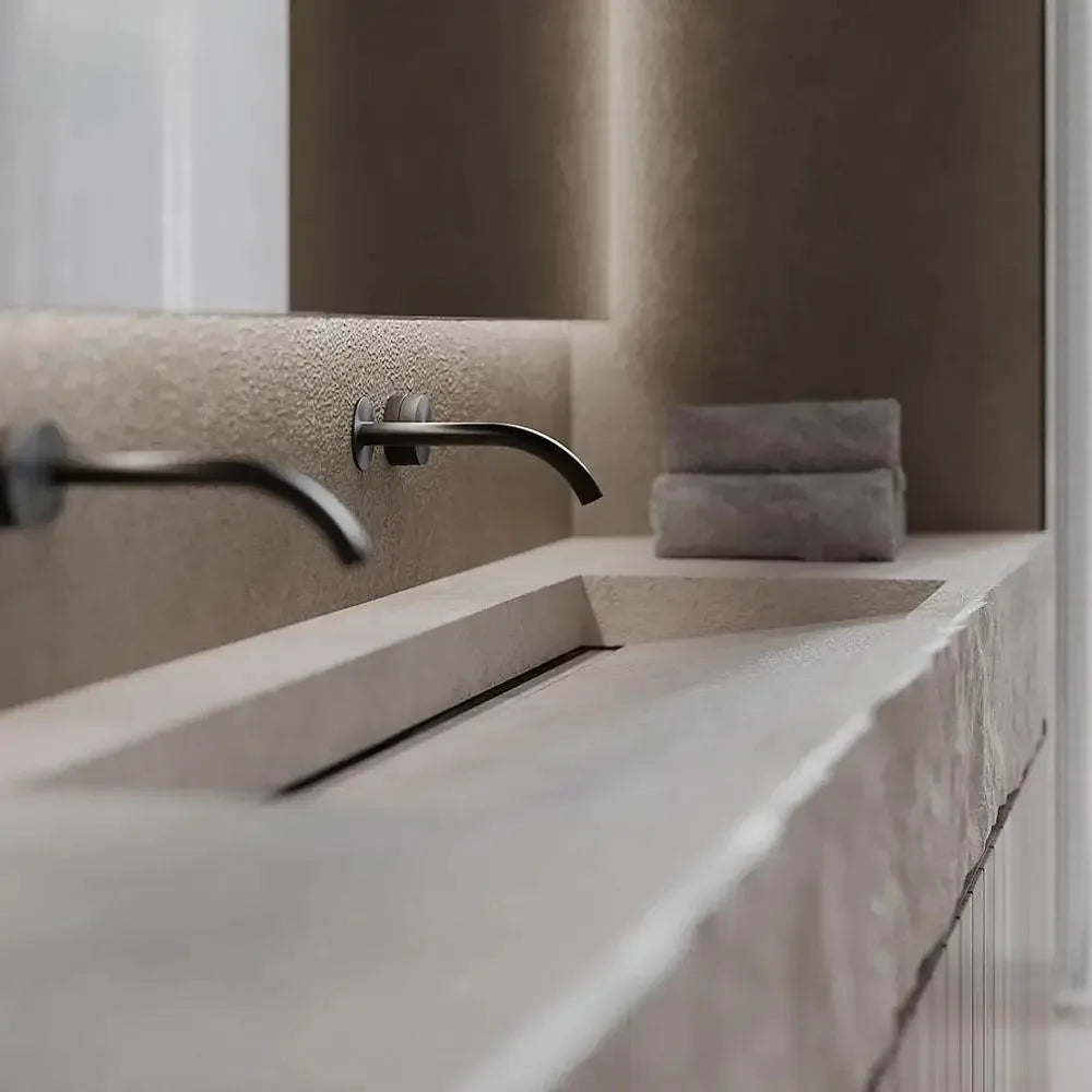 Any Size Custom Wall Mounted Washbasin Rough Travertine Countertop Concealed Drain Textured Basin Artificial Stone Countertop Ba