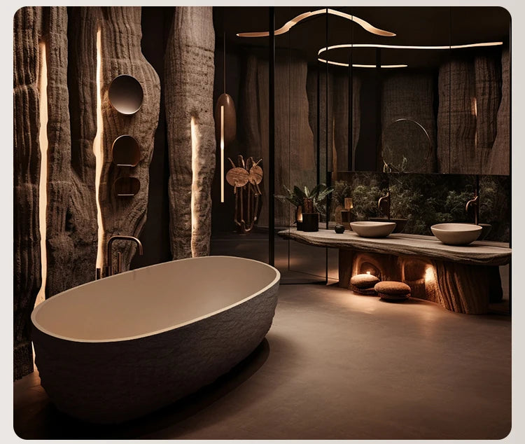 Wabi-Sabi Stone Texture Bathtub, One-Piece Artificial Stone Tub for Home , Heat Retention&Easy Clean, Body Contour, Customizable