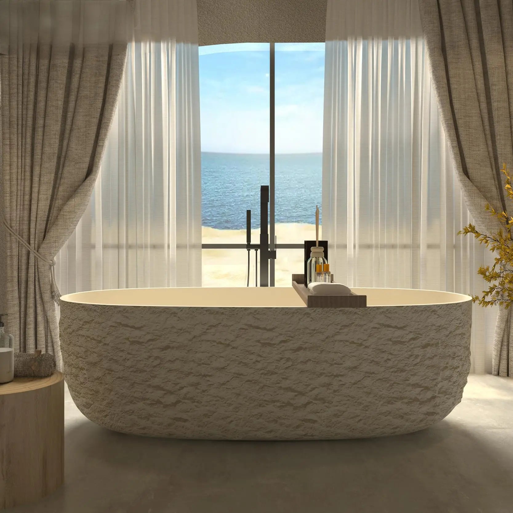 Wabi-Sabi Stone Texture Bathtub, One-Piece Artificial Stone Tub for Home , Heat Retention&Easy Clean, Body Contour, Customizable