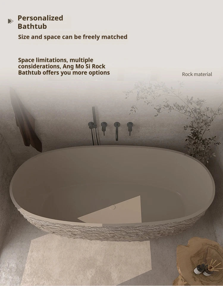 Wabi-Sabi Stone Texture Bathtub, One-Piece Artificial Stone Tub for Home , Heat Retention&Easy Clean, Body Contour, Customizable