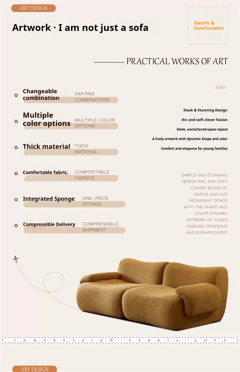 Vacuum-Compressed Modular Sofa, Wabi-Sabi Sherpa Fabric Sectional with High-Elastic Foam, Cream Mid-Century Style, Space Saving