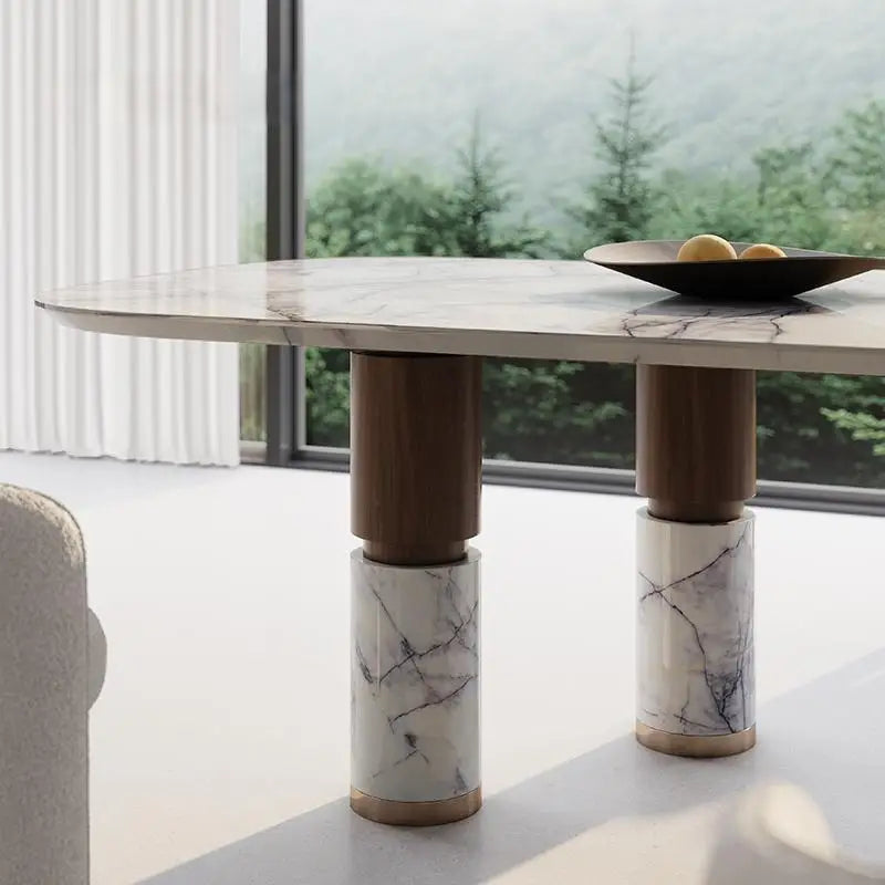 Natural Marble Dining Table with Walnut Base, Minimalist Luxury Villa Long Table, Eco-Friendly & Moisture-Proof, Customizable