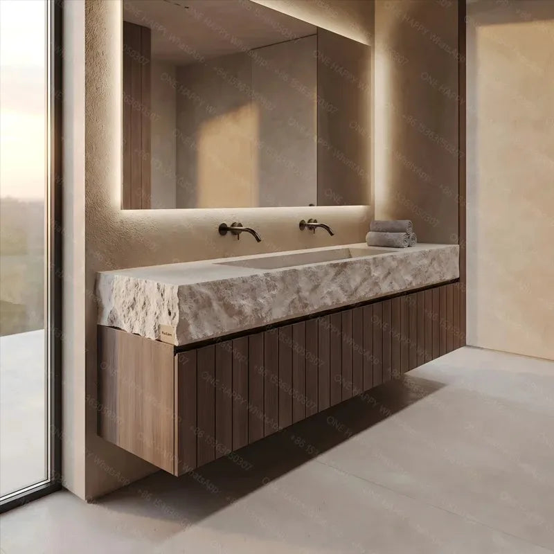 Any Size Custom Wall Mounted Washbasin Rough Travertine Countertop Concealed Drain Textured Basin Artificial Stone Countertop Ba