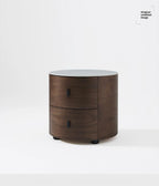 Italian Minimalist Nightstand, Walnut Round Bedside Table with Stone Top, Multi-Layer Wood &Eco-Friendly, Easy Clean, New Design