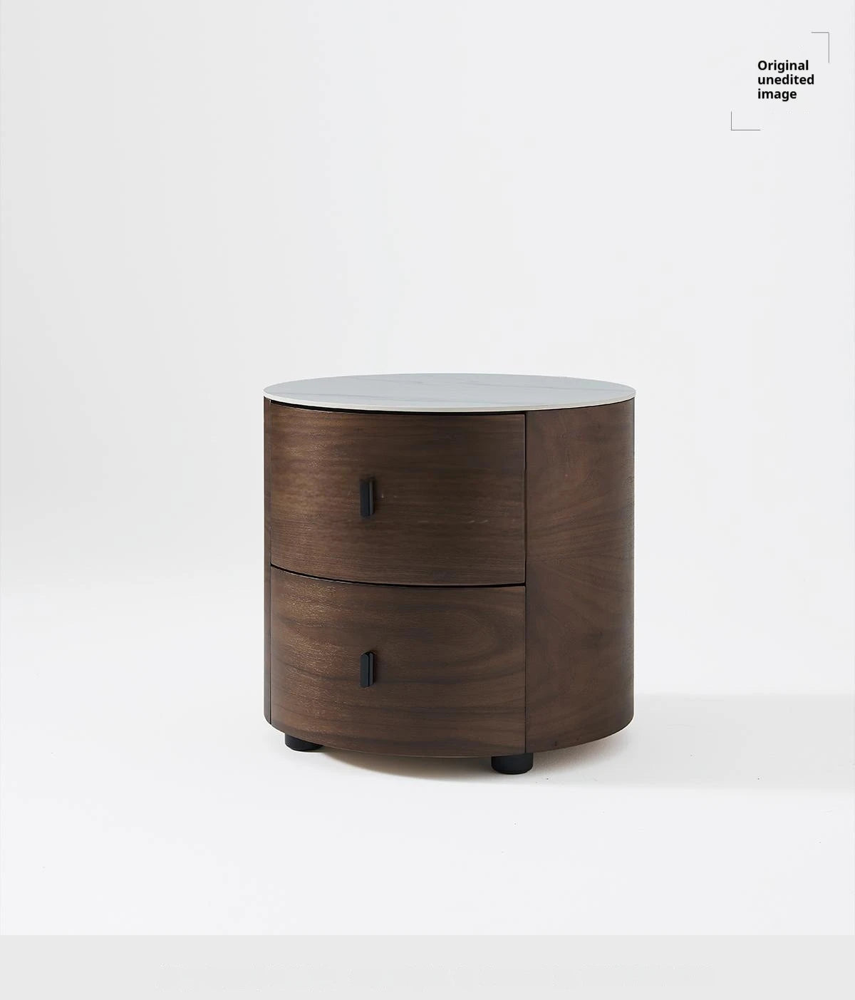 Italian Minimalist Nightstand, Walnut Round Bedside Table with Stone Top, Multi-Layer Wood &Eco-Friendly, Easy Clean, New Design