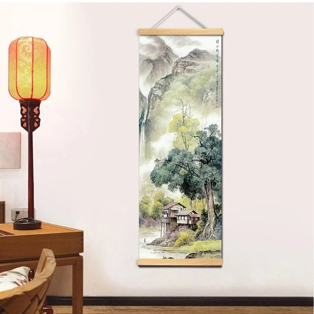 Chinese Traditional Style Four Seasons Landscape Canvas for Living Room Wall Art Poster Solid Wood Scroll Paintings Home Decor