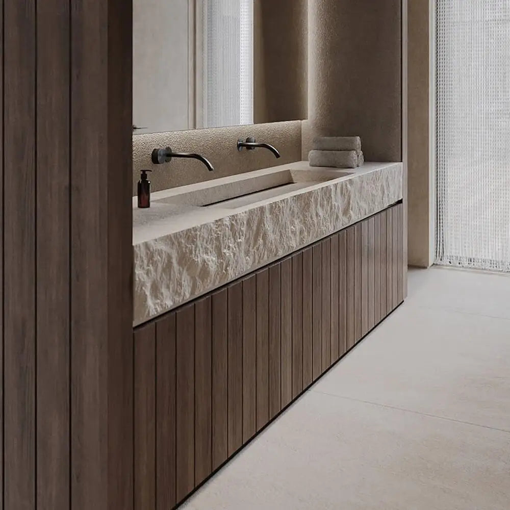 Any Size Custom Wall Mounted Washbasin Rough Travertine Countertop Concealed Drain Textured Basin Artificial Stone Countertop Ba