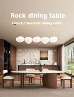 Any Size Custom Beige Travertine Teardrop Dining Table Wabi Sabi Mid Century Walnut Base Scratch Stain Resistant Luxury Dining T