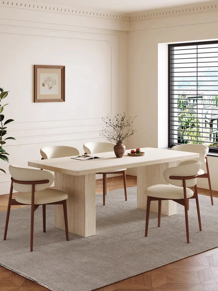 Luxury Travertine Pattern Stone Dining Table, Cream Mid-Century Style for Small Space, Stain & Heat Resistant, Customizable