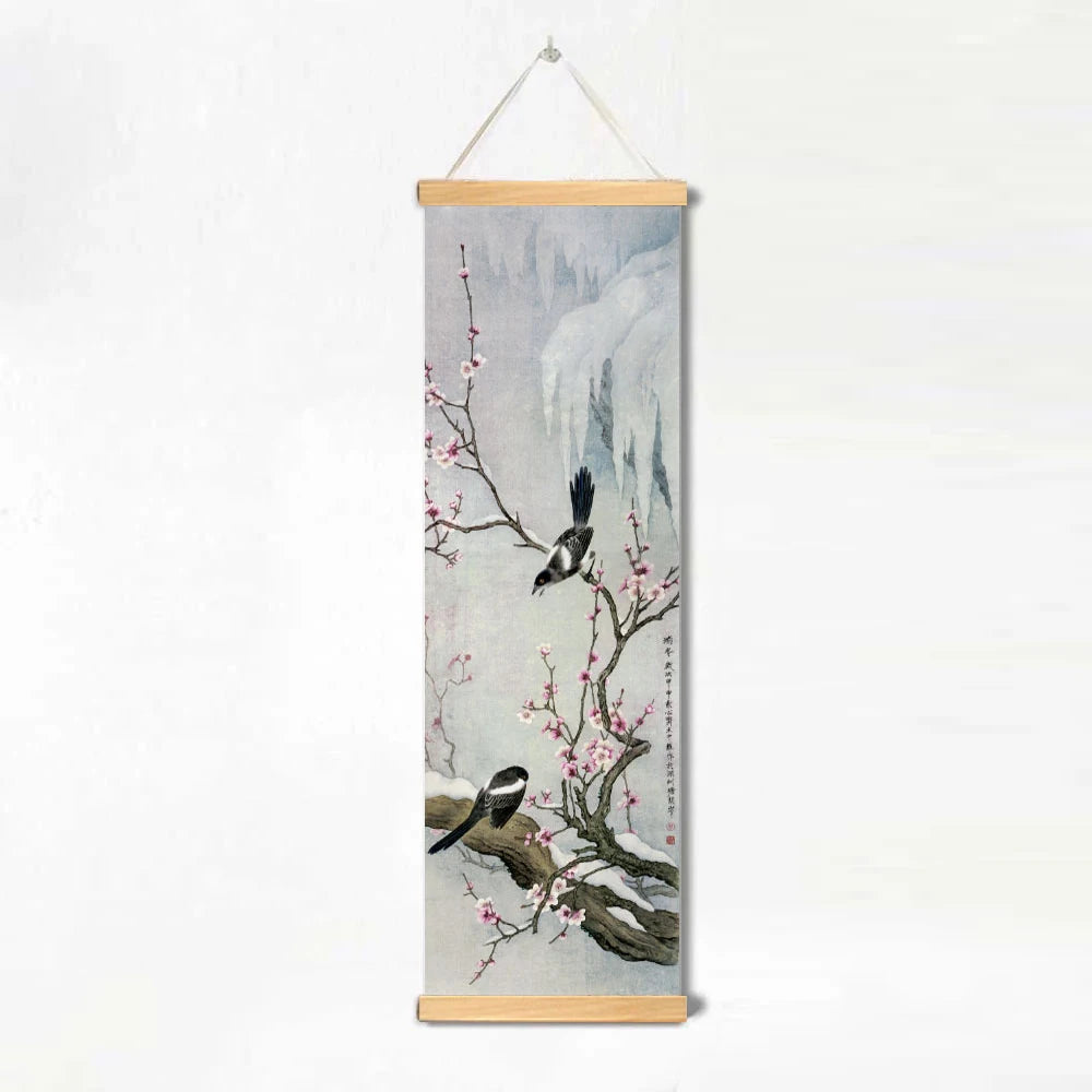 Chinese Style Ink Art Poster Bird Flowers Wall Art Canvas Painting Home Decor Pictures Living Room Poster with Hanging Frame