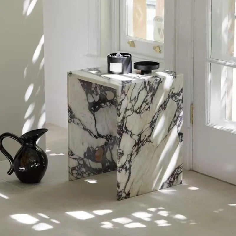 Italian Minimalist Calacatta Side Table, Mobile Square End Table for Living Room, One-Piece Natural Marble, Artistic & Customize