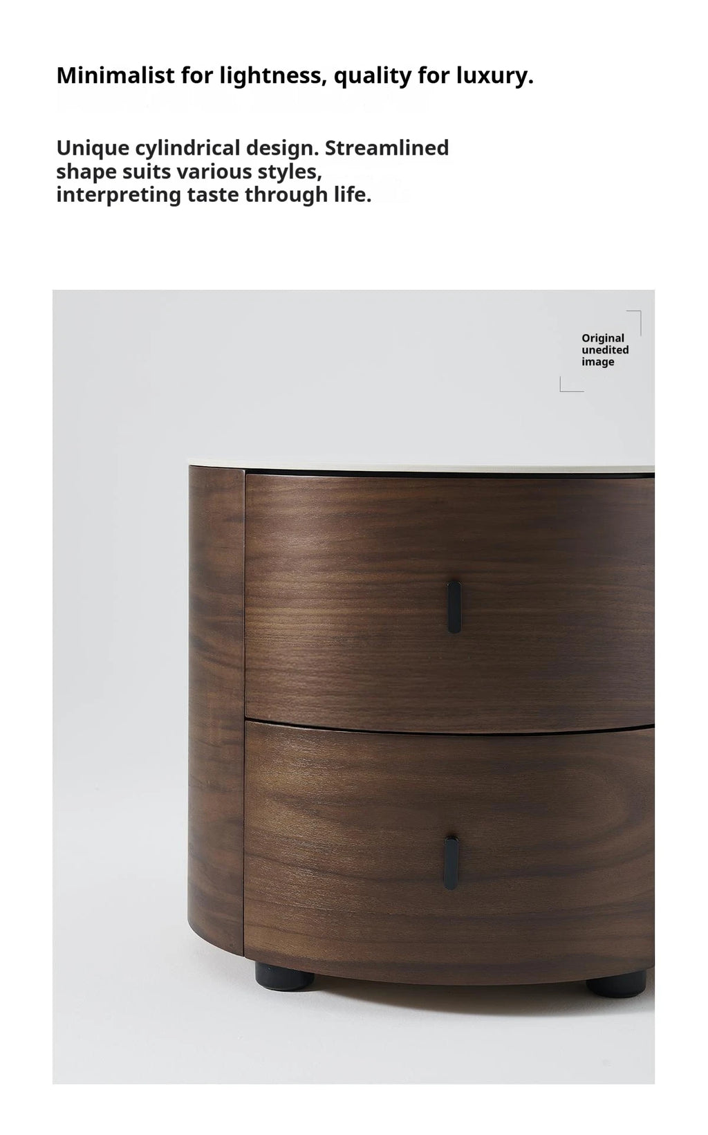Italian Minimalist Nightstand, Walnut Round Bedside Table with Stone Top, Multi-Layer Wood &Eco-Friendly, Easy Clean, New Design