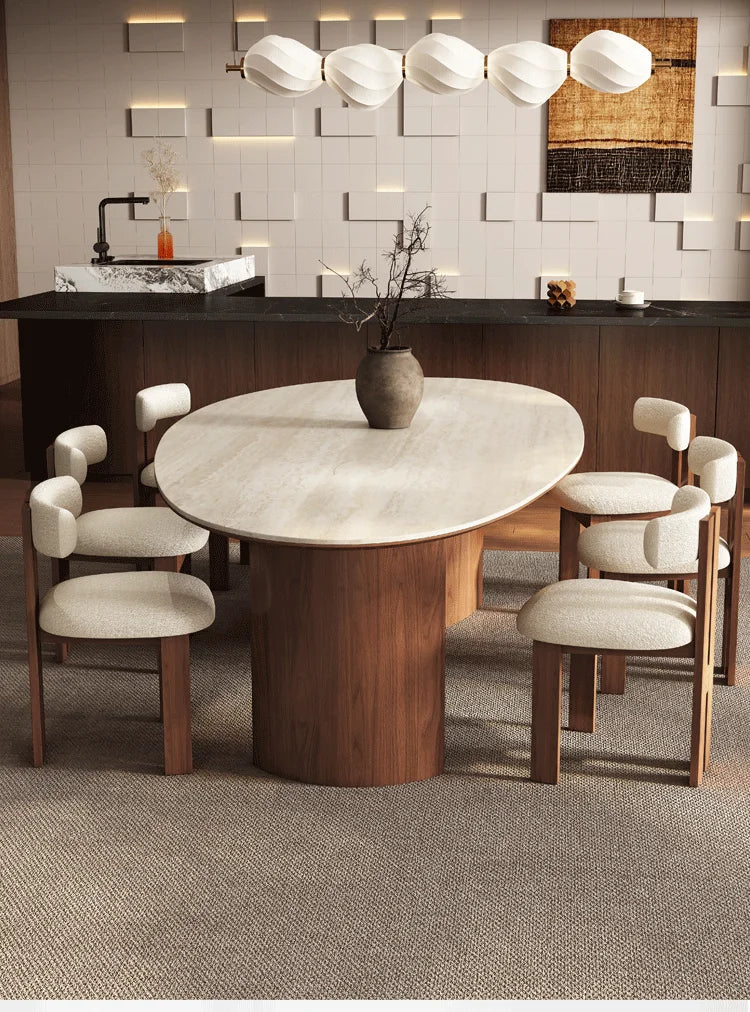 Any Size Custom Beige Travertine Teardrop Dining Table Wabi Sabi Mid Century Walnut Base Scratch Stain Resistant Luxury Dining T