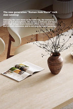 Luxury Travertine Pattern Stone Dining Table, Cream Mid-Century Style for Small Space, Stain & Heat Resistant, Customizable