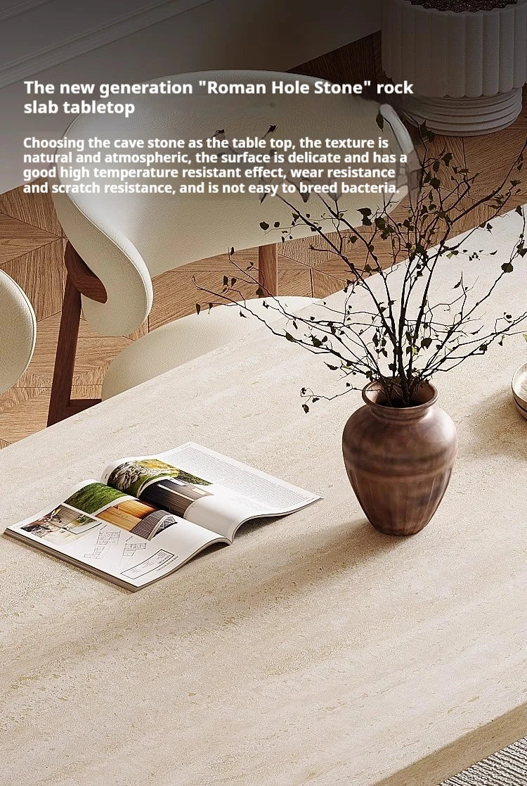 Luxury Travertine Pattern Stone Dining Table, Cream Mid-Century Style for Small Space, Stain & Heat Resistant, Customizable
