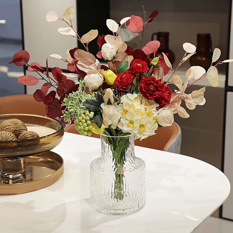 Handmade Glacier Textured Glass Vase, 8cm/3.15inch Caliber for Wide-Mouthed Floral for Decorating Living Rooms and Dining Tables