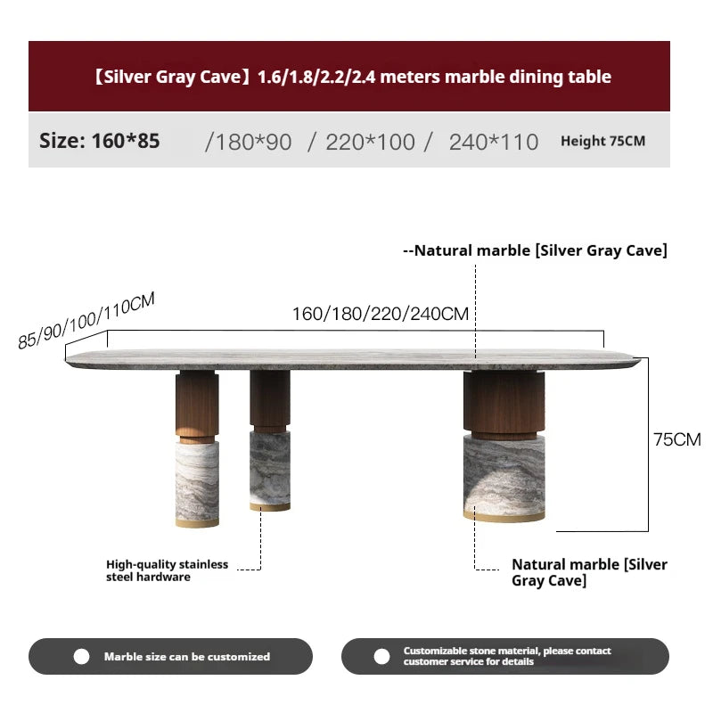 Natural Marble Dining Table with Walnut Base, Minimalist Luxury Villa Long Table, Eco-Friendly & Moisture-Proof, Customizable