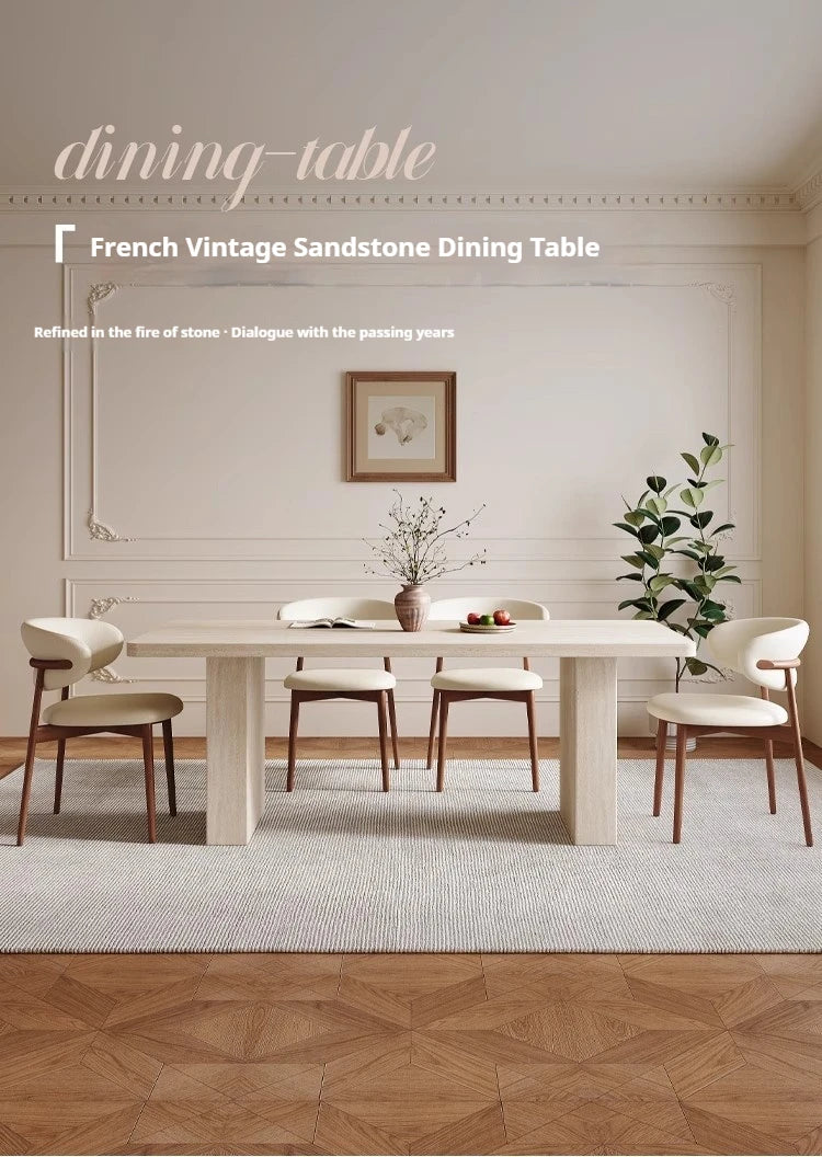 Luxury Travertine Pattern Stone Dining Table, Cream Mid-Century Style for Small Space, Stain & Heat Resistant, Customizable