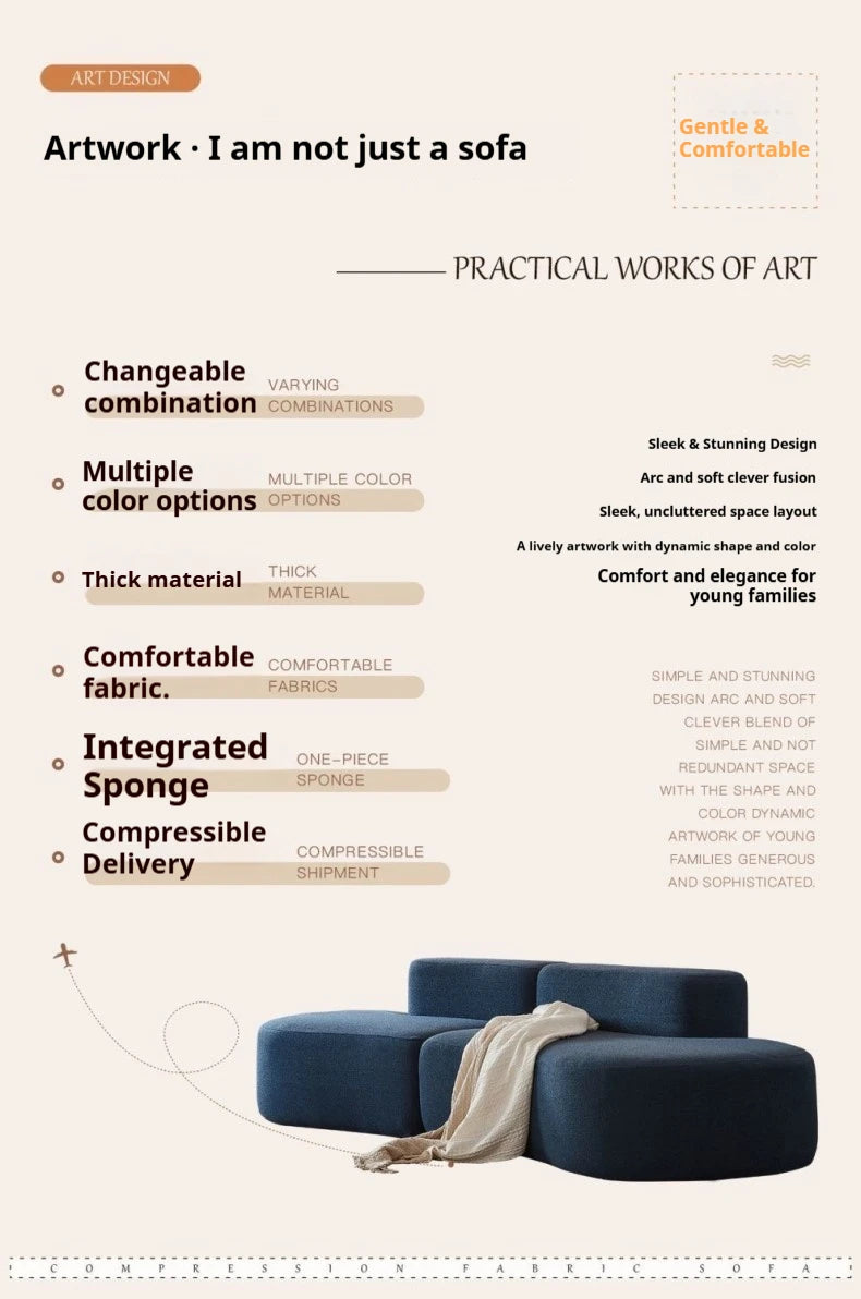 Fabric Sofa, Cashew Shape Compression Couch with High-Resilience Foam, Velvet Upholstery, Non-Deformation, Roll-Pack Design