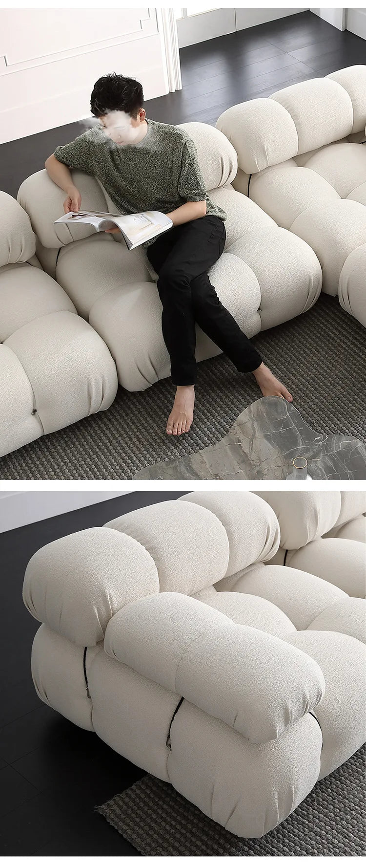 Cream Modular Sofa Set, Cat-Proof Teddy Fabric 3-Seater with Latex-Foam Fill, Imported Pine Frame, Nordic Retro Style