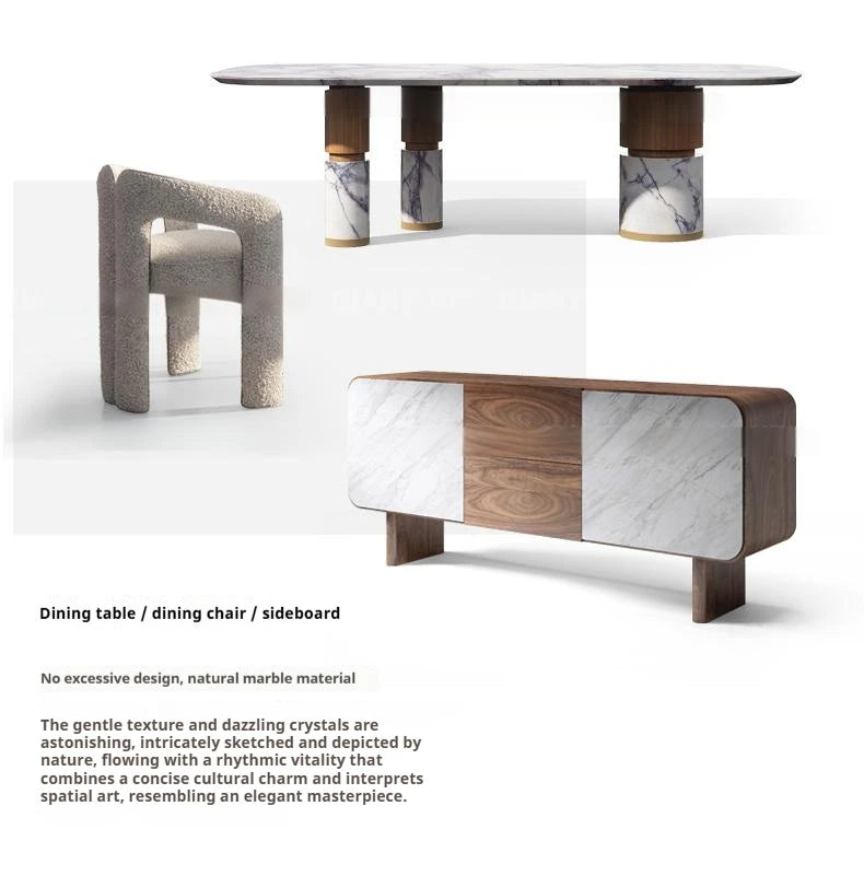 Natural Marble Dining Table with Walnut Base, Minimalist Luxury Villa Long Table, Eco-Friendly & Moisture-Proof, Customizable